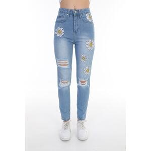 BİKELİFE Blue High Waist Mom Jeans With Laser Daisy Embroidery