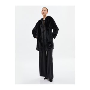 Koton Plush Long Coat Zippered Hooded with Pocket Detail