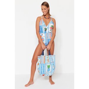 Trendyol Blue Tropical Patterned Woven 100% Cotton Beach Bag