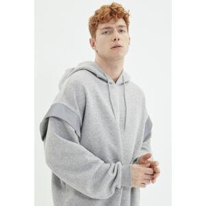 Trendyol Men's Gray Oversized/Wide-Cut Hoodie. Reflective Detail, Fleece Inner Sweatshirt