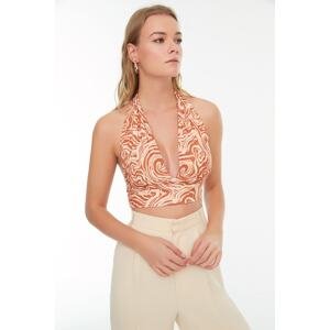 Trendyol oranžová halter top halenka s potiskem, přiléhavá, super krátká, pružná úpletová halenka