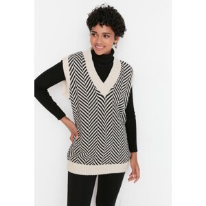 Trendyol béžový pruhovaný pletený svetr s výstřihem do V