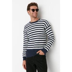 Trendyol Men's Indigo Crew Neck Oversize Striped Knitwear Sweater