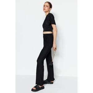 Trendyol Black Pleated Flare/Green Leg High Waist Knitted Knit Trousers