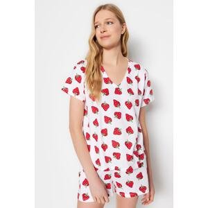 Trendyol White 100% Cotton Strawberry Patterned T-shirt-Shorts Knitted Pajama Set