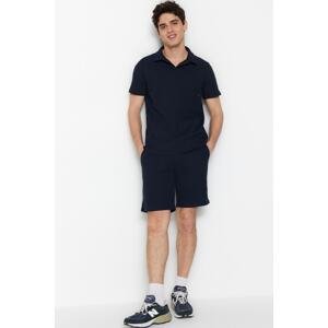Trendyol Men's Navy Blue Tracksuit Regular/Normal Fit Textured Fabric Labeled Polo Neck T-Shirt & Shorts