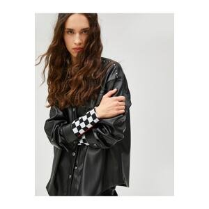 Koton Leather Jacket Oversize Pocket Staple Detail Shirt Collar
