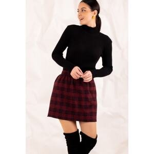 armonika Women's Burgundy Checkered Short Elastic Waist Skirt