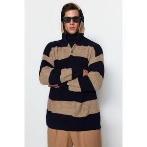 Trendyol Navy Blue-Mink Men's Oversize Fit Wide Fit Striped Hooded Knitwear Sweater