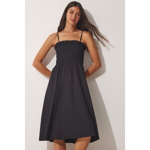 Happiness İstanbul Women's Black Strappy Ruffle Detailed Summer Woven Dress