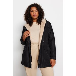 Trendyol Curve Black Hooded Snap Detailed Pocket Plush Coat