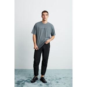 GRIMELANGE Frank Pánské oversize fit 100% bavlna tlustá texturovaná potištěná šedá košile