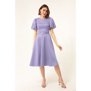 Lafaba Women's Lilac Balloon Sleeve Stone Belted Mini Satin Evening Dress