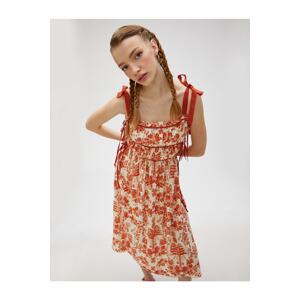 Koton Midi Floral Dress Strap Bow Detail Gathered Tie Viscose