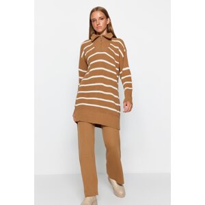 Trendyol Camel Zipper Detailed Thessaloniki Striped Knitwear Two Piece Set