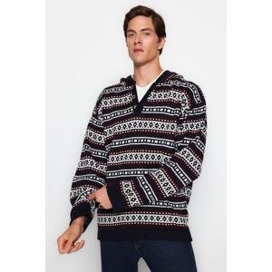 Trendyol Men's Navy Blue Oversize Fit Wide Fit Hooded Jacquard Knitwear Sweater