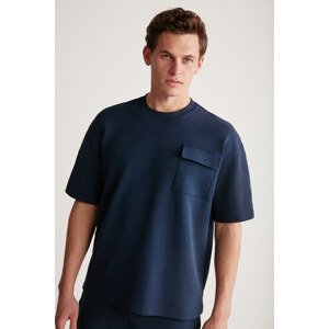 GRIMELANGE Artur Men's Pockets Navy Blue T-shirt with Thick Special Textured Fabric