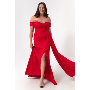 Lafaba Women's Red Collar Stoned Tail Long Evening Dress