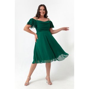 Lafaba Women's Emerald Green Straps, Flare Cut Midi Plus Size Evening Dress.