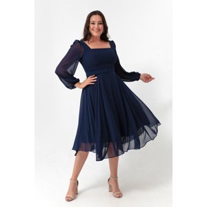 Lafaba Women's Navy Blue Square Neck Belted Midi Chiffon Plus Size Evening Dress