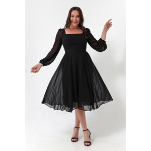 Lafaba Women's Black Square Neck Belted Midi Chiffon Plus Size Evening Dress