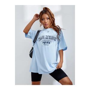 Know Women's Palm Springs Baby Blue Oversized Printed T-Shirt.