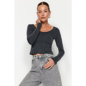 Trendyol Anthracite Pool Neck Faded/Faded Effect Fitted/Sleeping Basic Knitted Blouse