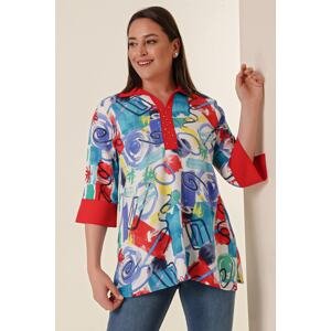 By Saygı Bead Detailed and Capri Sleeves Patterned Plus Size Blouse Red