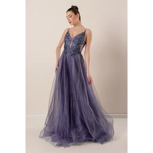 By Saygı Rope Strap Guipure Bead Detailed Lined Long Tulle Dress Indigo