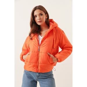 By Saygı Elastic Waist Pocket Hooded Lined Puffer Coat Orange