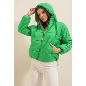 By Saygı Green Elastic Waist Pocket Hooded Lined Puffer Coat