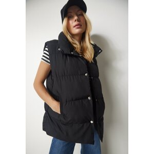 Happiness İstanbul Women's Black Snap Closure Oversize Puffer Vest