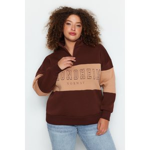 Trendyol Curve Brown Color Block Zippered Stand Up Collar Thick Sharding Knitted Sweatshirt