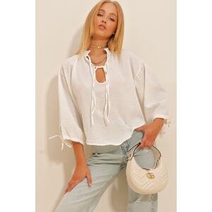 Trend Alaçatı Stili Women's White Big Collar Balloon Sleeve Linen Blouse