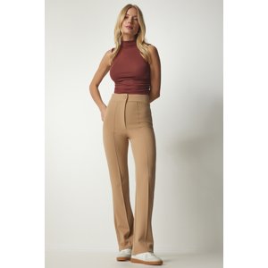 Happiness İstanbul Women's Camel High Waist Lycra Casual Knitted Trousers