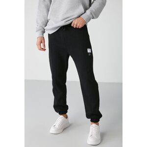 GRIMELANGE Rowan Men's Black Sweatpants with Decorative Label, Ribbed on the Front, Elastic Legs, Soft Fleece