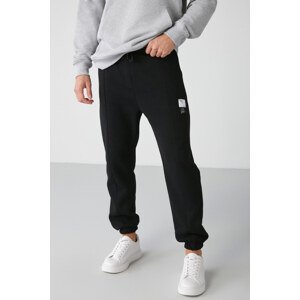 GRIMELANGE Rowan Men's Decorative Labels Ribbed Front Elastic Legs Soft Fleece Black Sweatpants