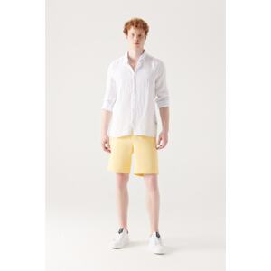 Avva Men's Yellow 100% Cotton Side Pocket Elastic Waist Linen Textured Relaxed Fit Comfy Cut Shorts