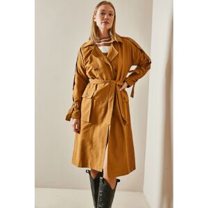XHAN Tan Double Breasted Collar Pocket Trench Coat