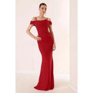 By Saygı Rope Strap Low Sleeve Underwire Front Draped Lined Long Chiffon Dress Red