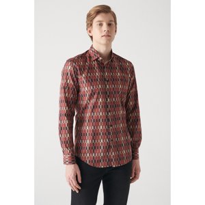 Avva Men's Burgundy Abstract Patterned 100% Cotton Slim Fit Slim Fit Shirt