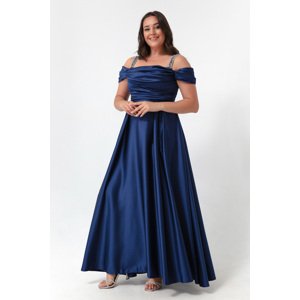 Lafaba Women's Navy Blue Stone Strap Draped Plus Size Long Evening Dress
