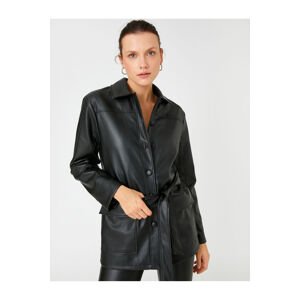 Koton Oversize Leather Look Jacket Shirt Collar Belted