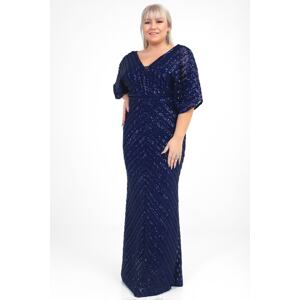 By Saygı Women's Navy Blue Ottoban Sequined Lined Plus Size Long Evening Dress
