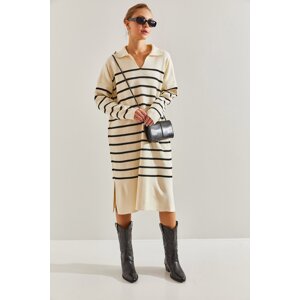 Bianco Lucci Women's V-Neck Striped Knitwear Dress with Side Slits