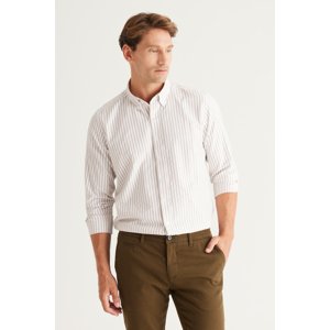 ALTINYILDIZ CLASSICS Men's Beige-White Slim Fit Slim Fit Buttoned Collar Cotton Striped Shirt