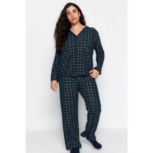 Trendyol Curve Green Shirt Collar Plaid/Check Knitted Pajamas Set