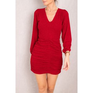 armonika Women's Red Skirt Gathered Detailed V-Neck Silvery Mini Dress