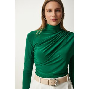 Happiness İstanbul Women's Green Gather Detailed High Collar Sandy Blouse