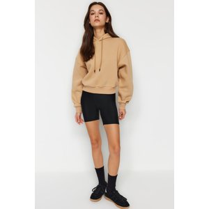 Trendyol Beige Fleece Inner Hooded Comfort Fit Crop Knitted Sweatshirt